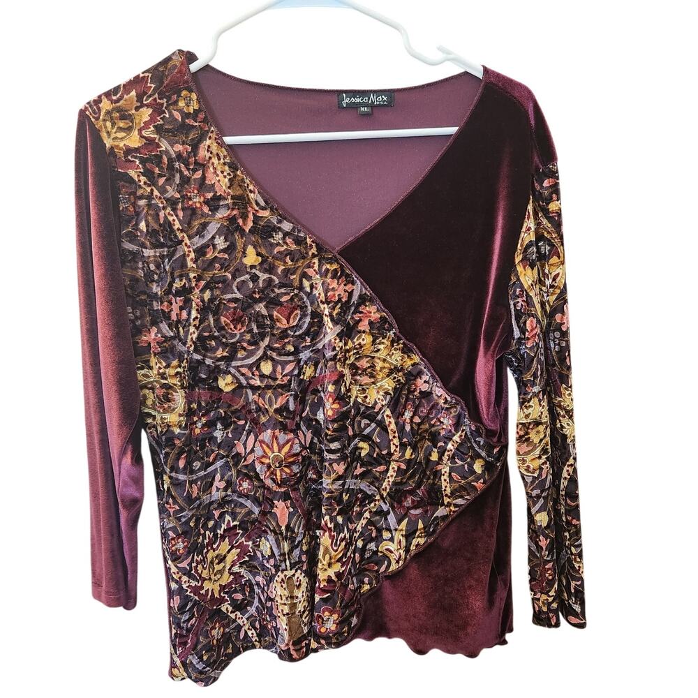 Vintage Jessica Max Burgundy Velvet Faux Wrap Top Blouse Floral Brocade XL